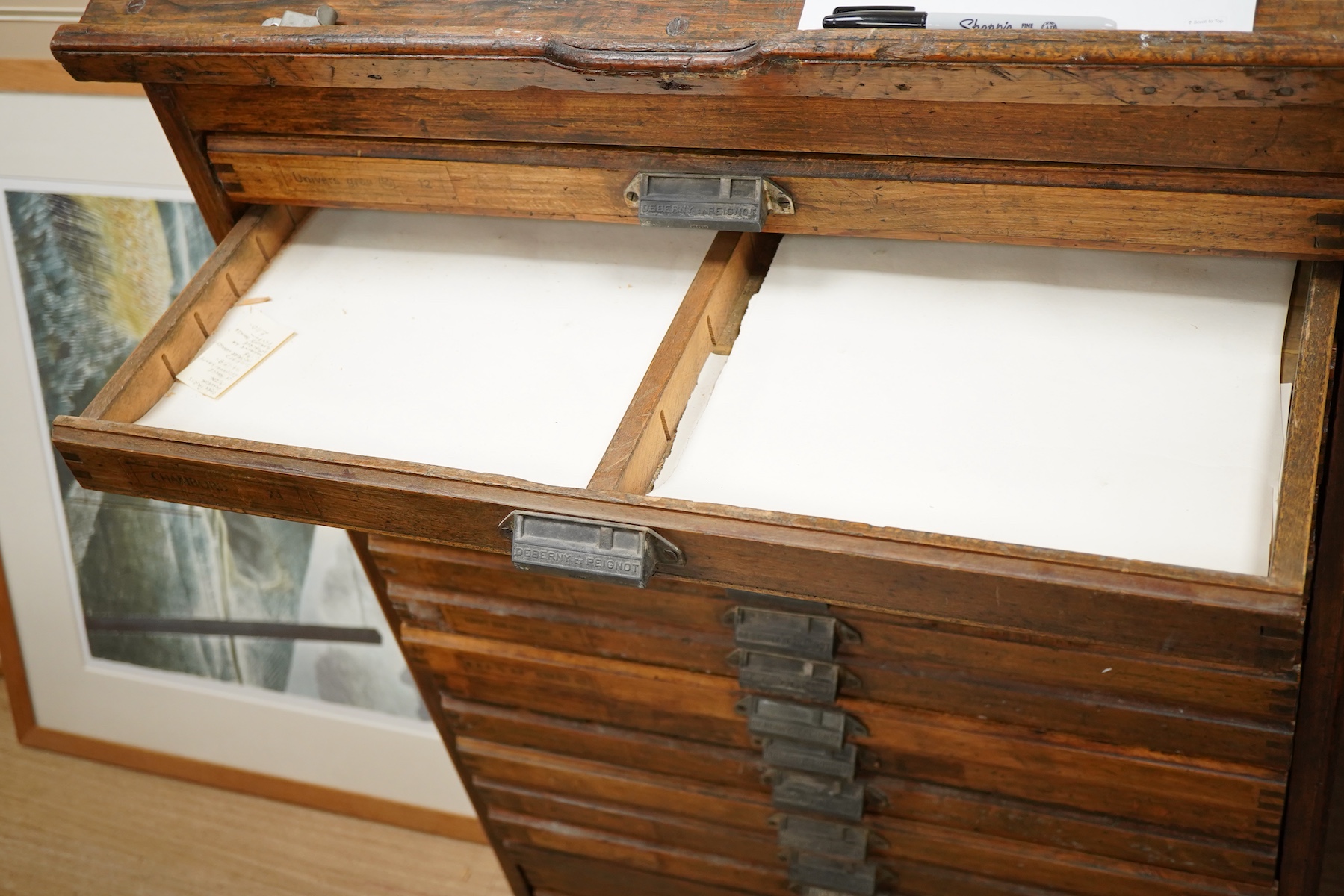 An early 20th century, French Deberny et Peignot oak collector’s cabinet, 120cm high
